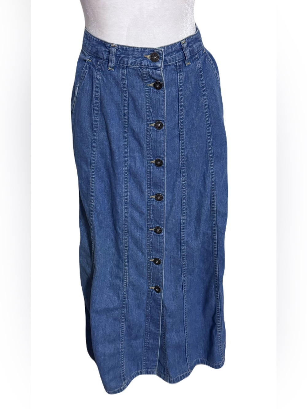 Vintage Lizwear Button Front Denim Maxi Skirt Petite Size 2 Cotton